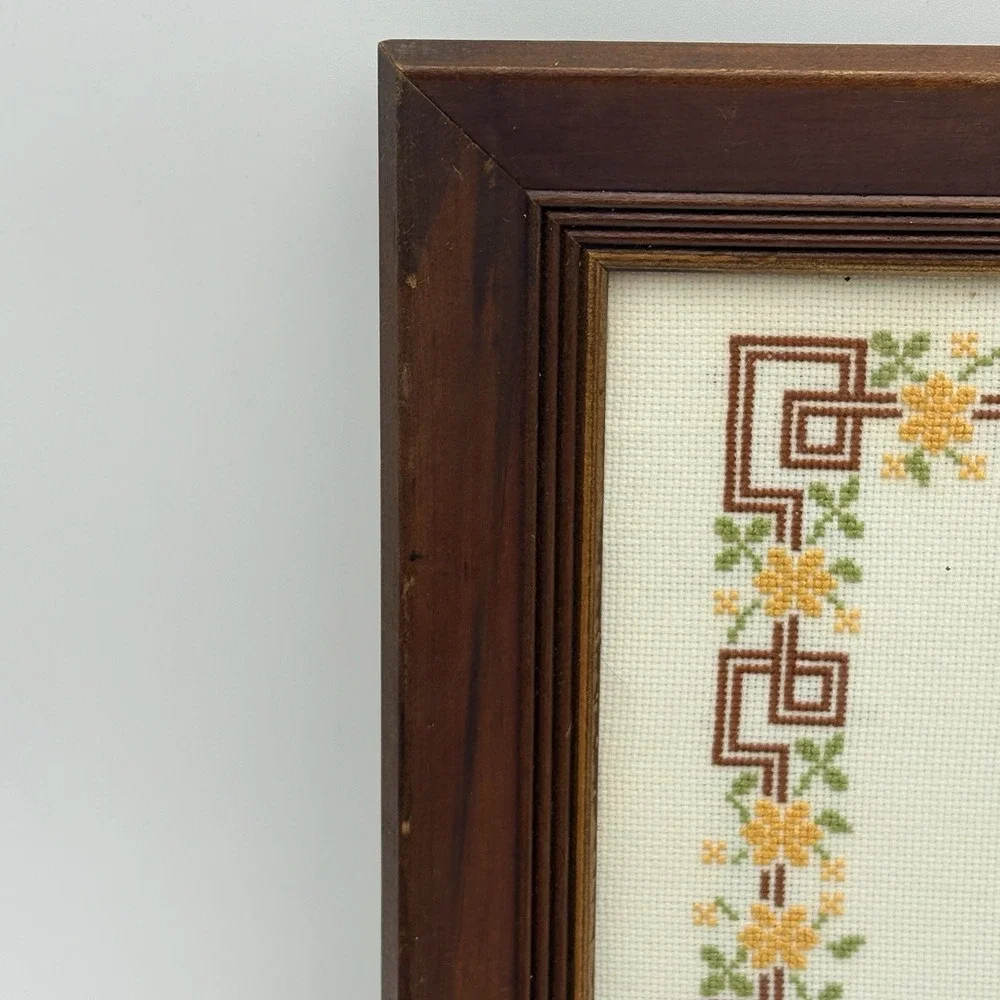Vintage Framed Cross Stitch Give Thanks Sampler Folk Art Needlepoint Decor 13x15